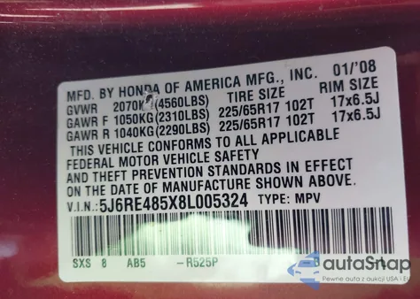 2008 Honda Cr-V Ex from USA, damaged, VIN 5J6RE485X8L005324